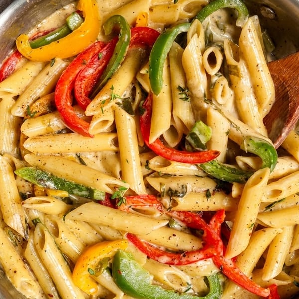 Creamy penne pasta with colorful bell peppers and herbs in a pan with a wooden spoon.