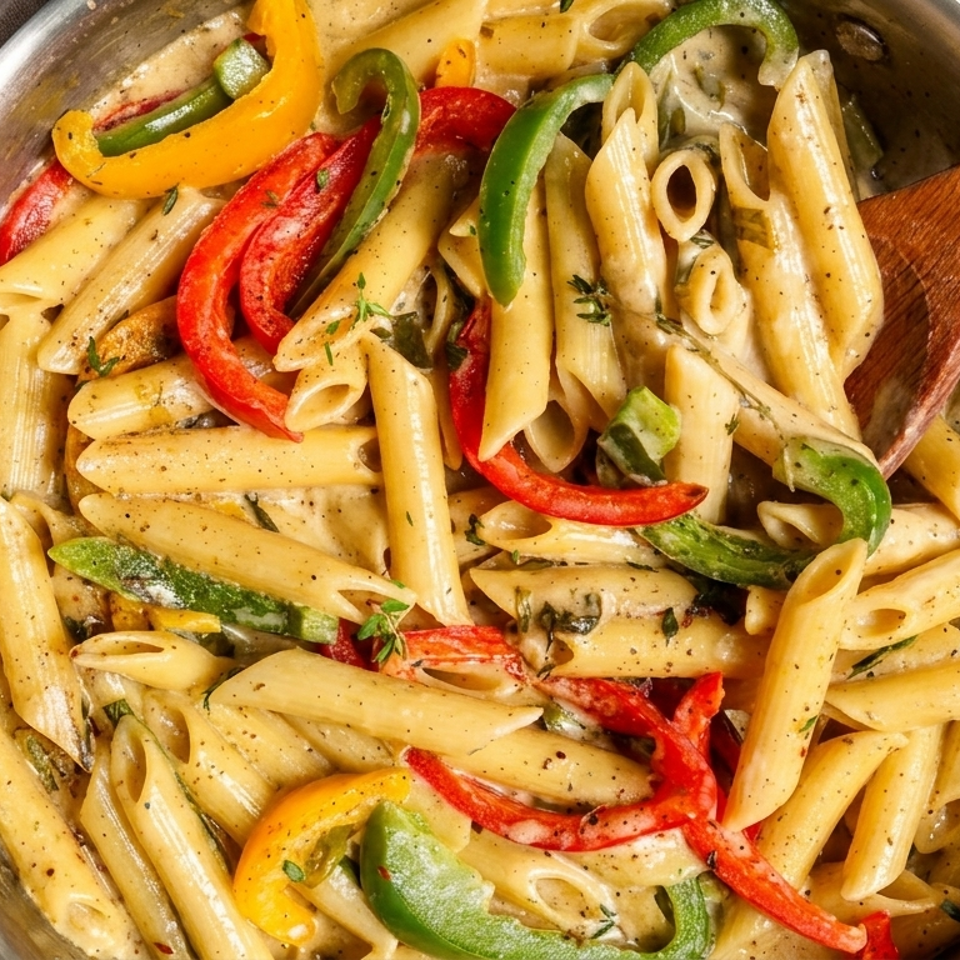 Creamy penne pasta with colorful bell peppers and herbs in a pan with a wooden spoon.
