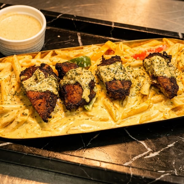 Creamy penne pasta with grilled chicken pieces topped with a green sauce, served on a black marble tray.