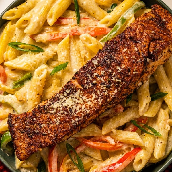Blackened salmon over creamy penne pasta with bell peppers, garnished with green onions and cheese.