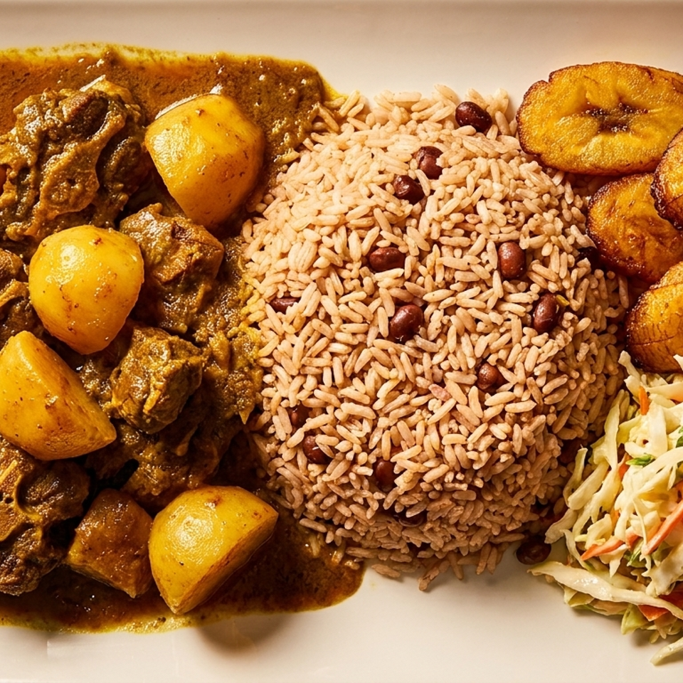 Oxtail stew with potatoes, rice and peas, fried plantains, and coleslaw on a white rectangular plate.