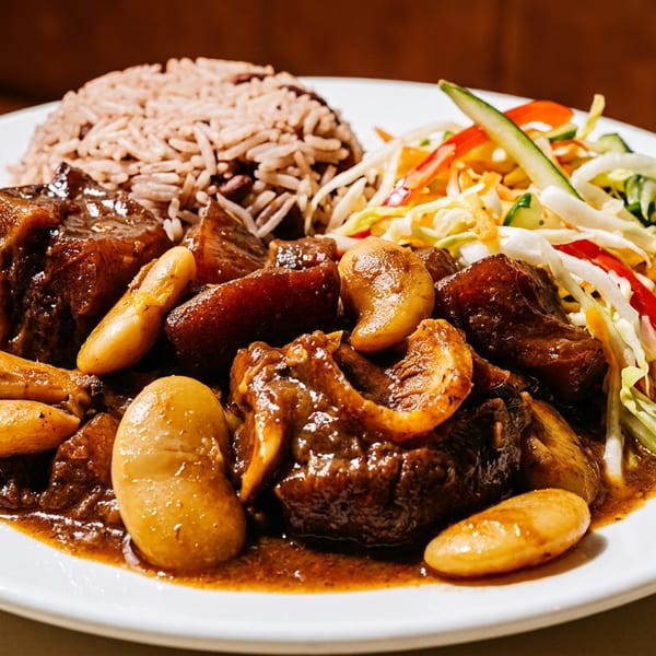 A plate of oxtail stew with butter beans, rice and peas, and a side salad.