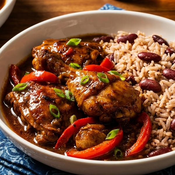 A white bowl of brown stew chicken with red bell peppers, green onions, and rice and peas.